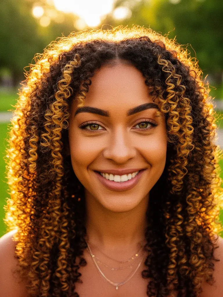 African American woman with 3C ringlets, front view showing marker-width coils packed tightly together