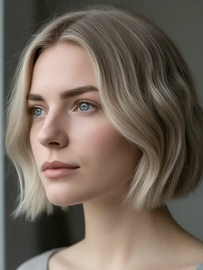 German woman with lob, side profile showing clean weight line and natural ends