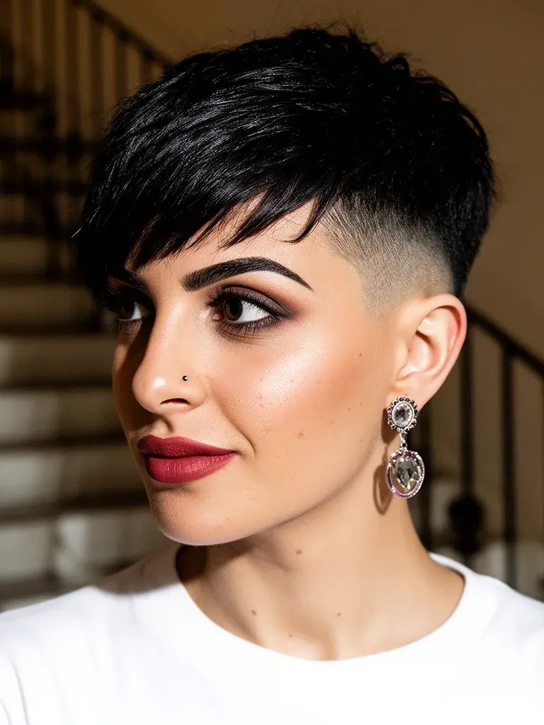 French crop three-quarter view on a Lebanese woman with natural black hair, split lighting