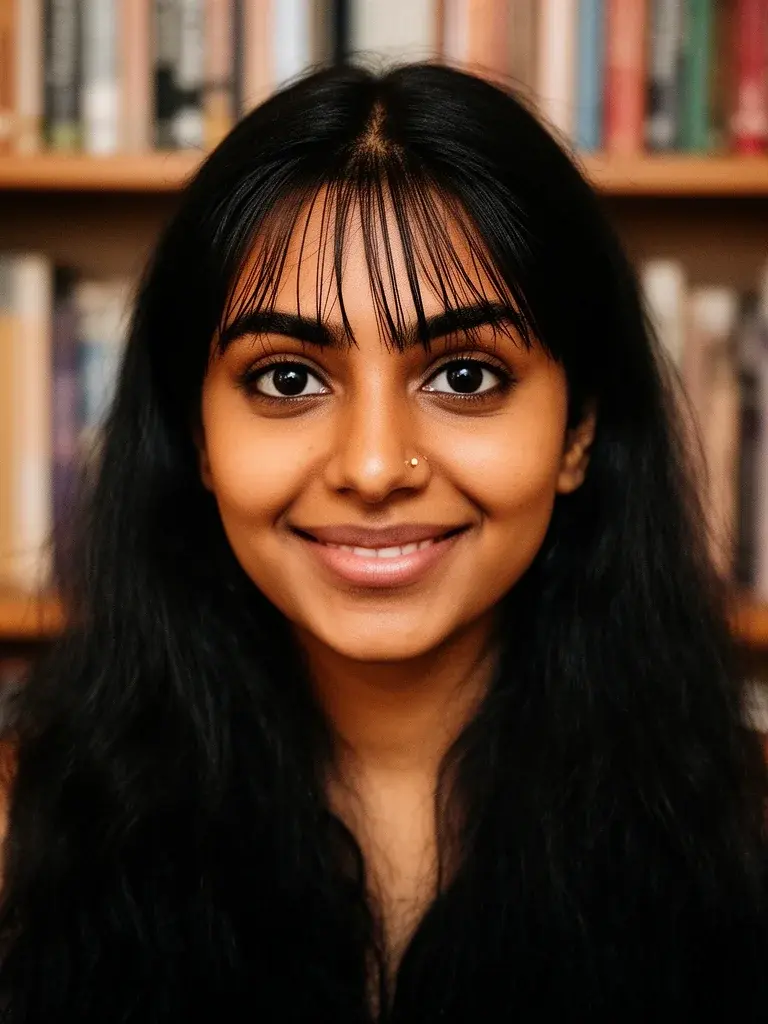 See-through bangs on a South Asian woman with long black hair, wind catching the sparse fringe