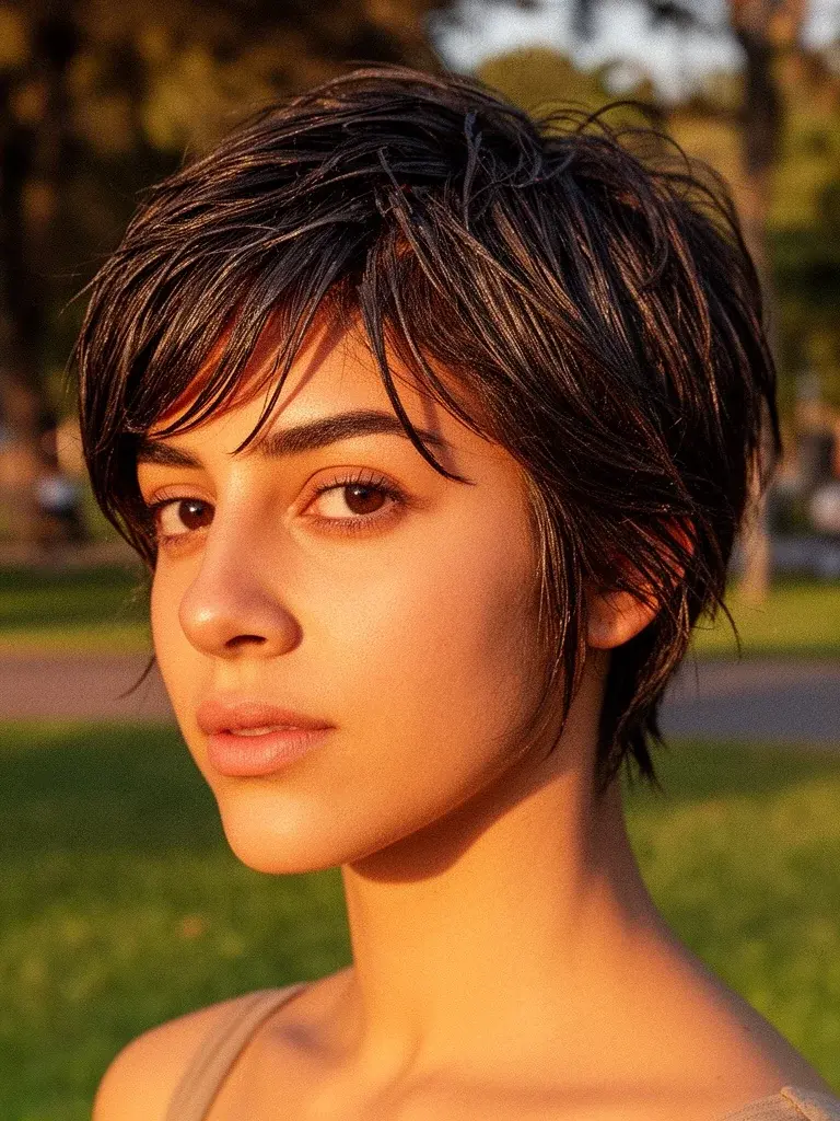 Layered pixie with tousled texture on a Latina woman with dark brown hair