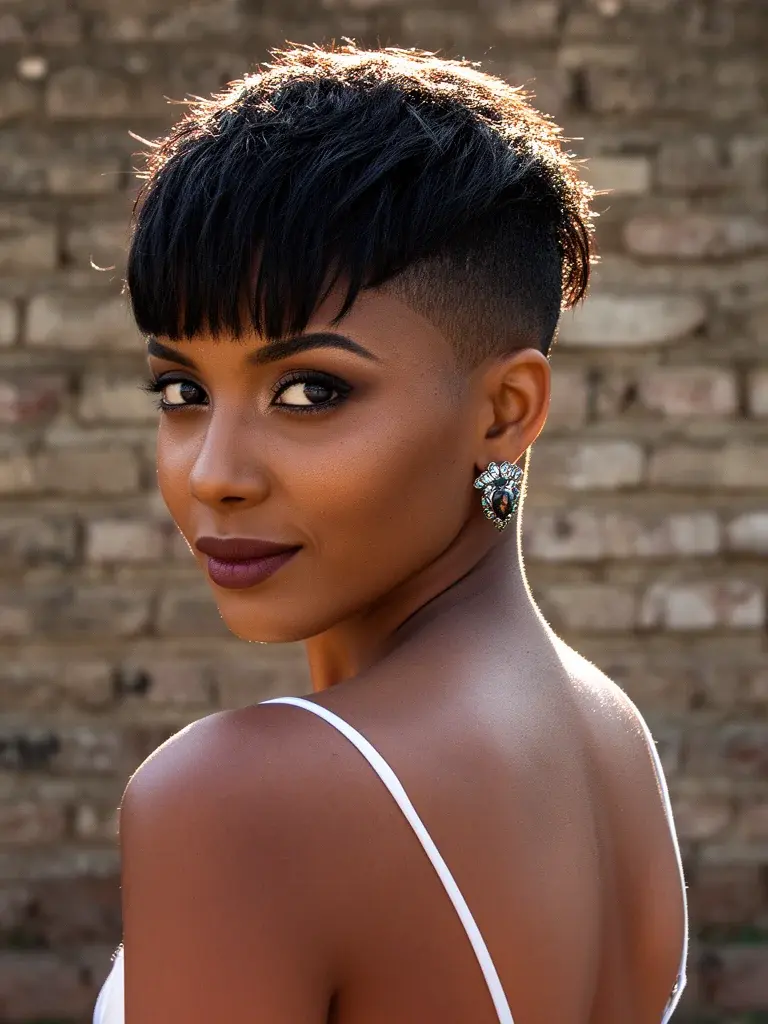 French crop back-glance on an Ethiopian woman with natural black hair, backlit outdoors