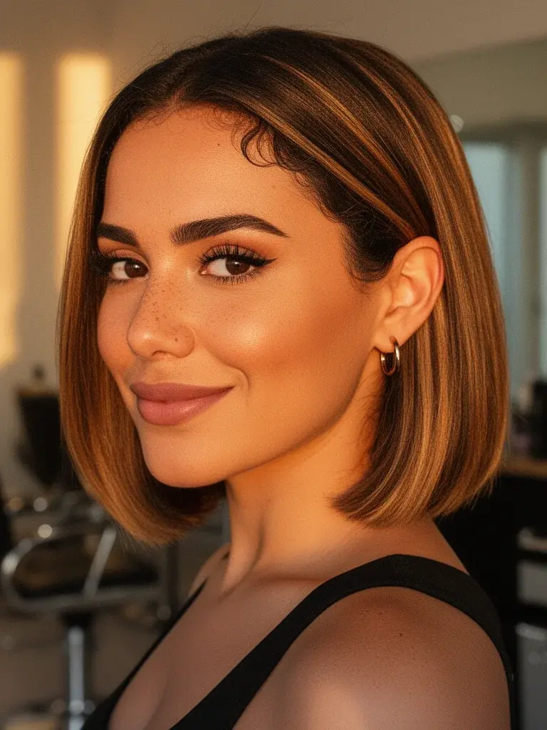Classic bob three-quarter view on Brazilian woman with warm balayage in salon setting