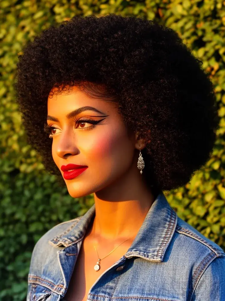 Natural afro on an Ethiopian woman with retro red lip and golden hour light