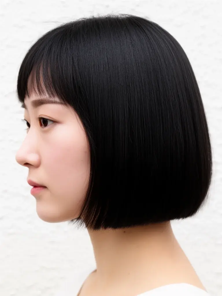 Chinese woman with a-line bob, side profile showing clean angled cut line