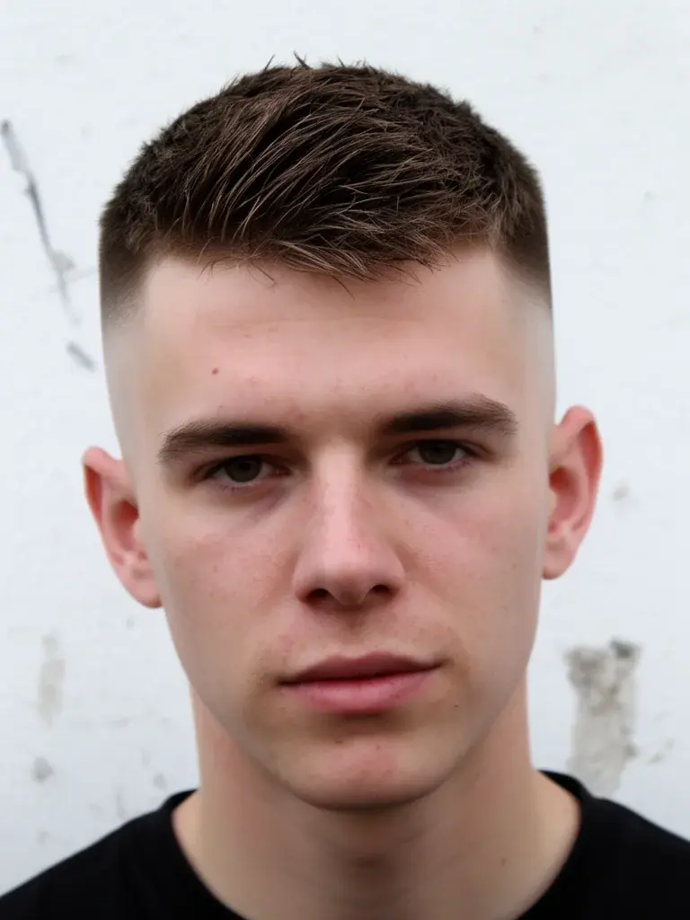 Skin fade front view with sharp zero-line at the temples