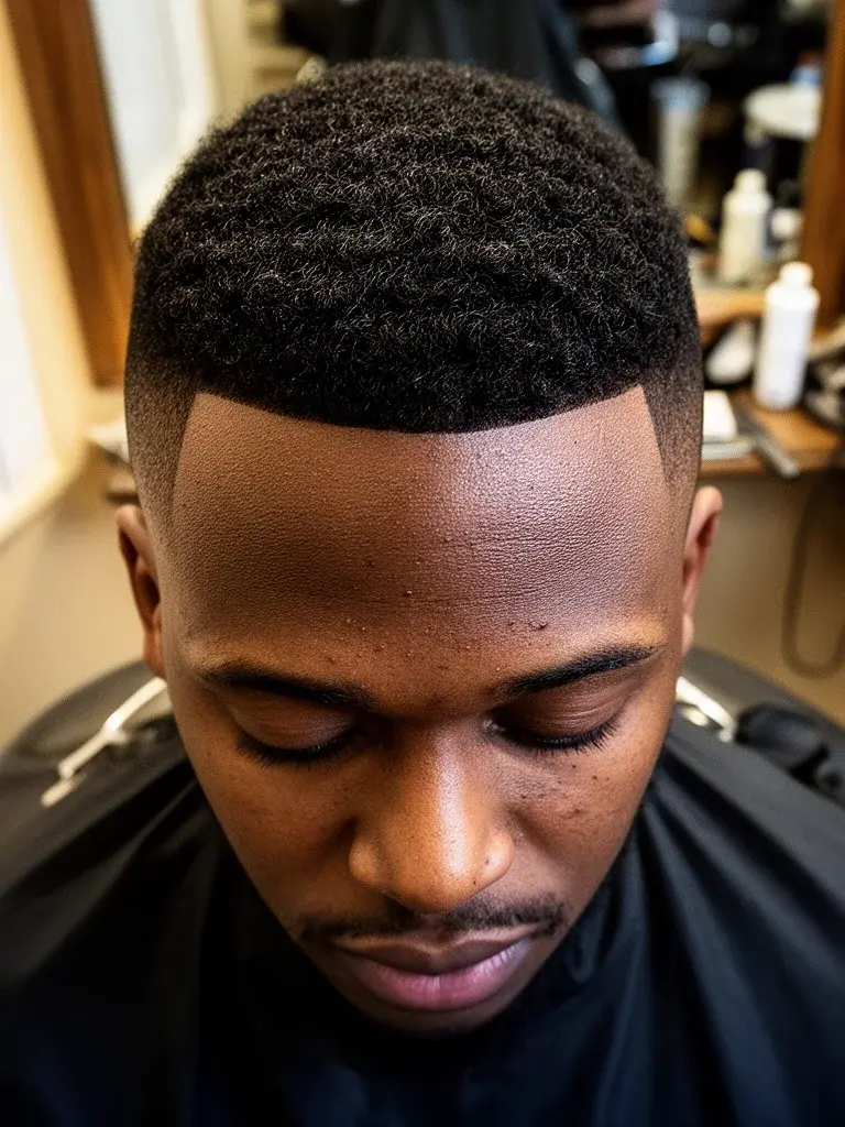 Skin fade paired with slicked-back top in natural light