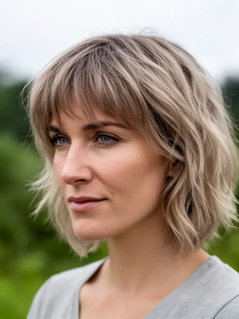 German woman with wolf cut, side profile outdoors with natural soft light