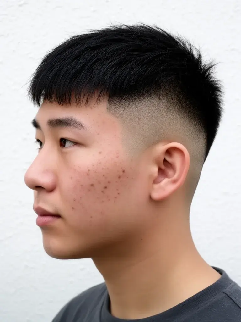 Taper fade three-quarter view showing the blend and top styling