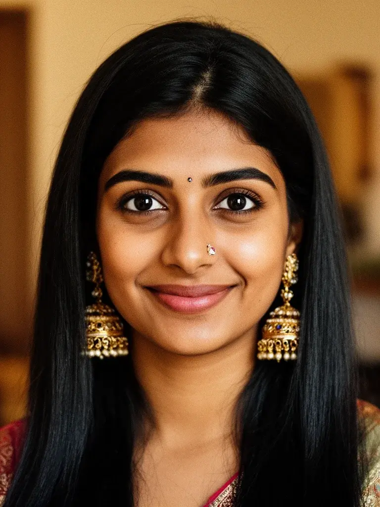 South Asian woman with wavy hair, back view showing a smooth exterior line with movement visible in the interior strands