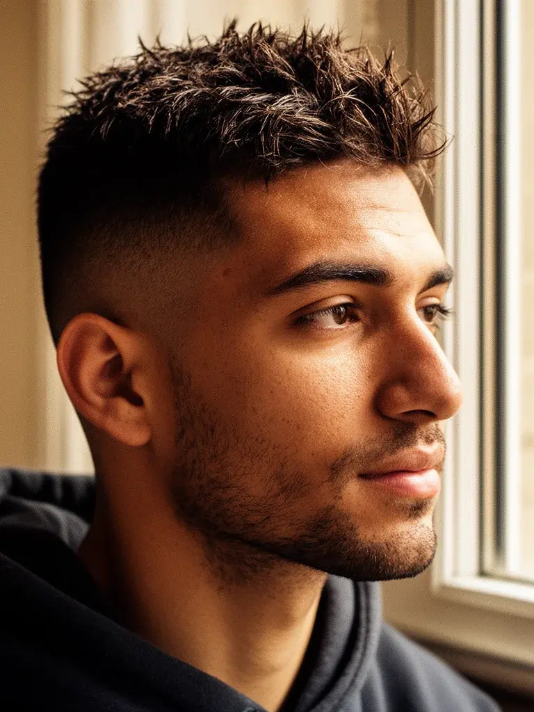 Overgrown buzz side profile with natural texture and soft outline