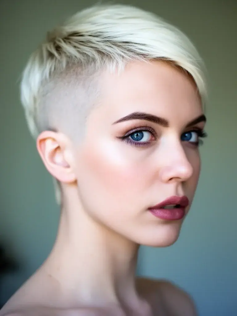 Pixie side undercut three-quarter view on a white woman with platinum blonde hair showing the shaved temple area