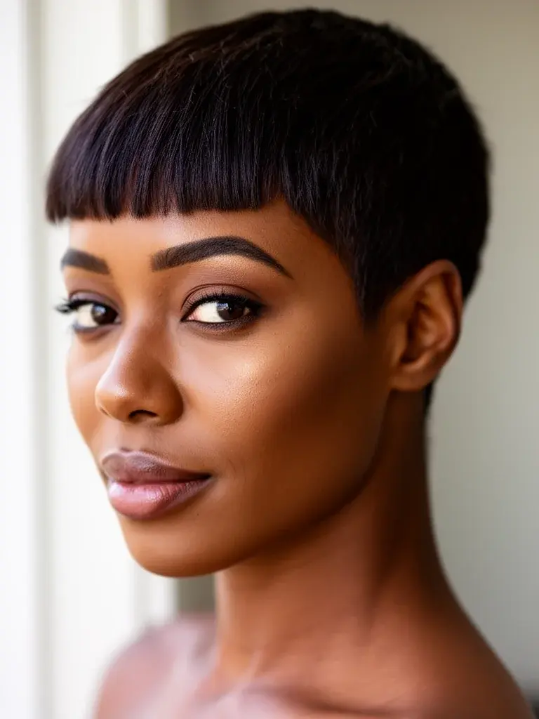 Pixie with short bangs on a Black woman with relaxed dark hair and confident expression