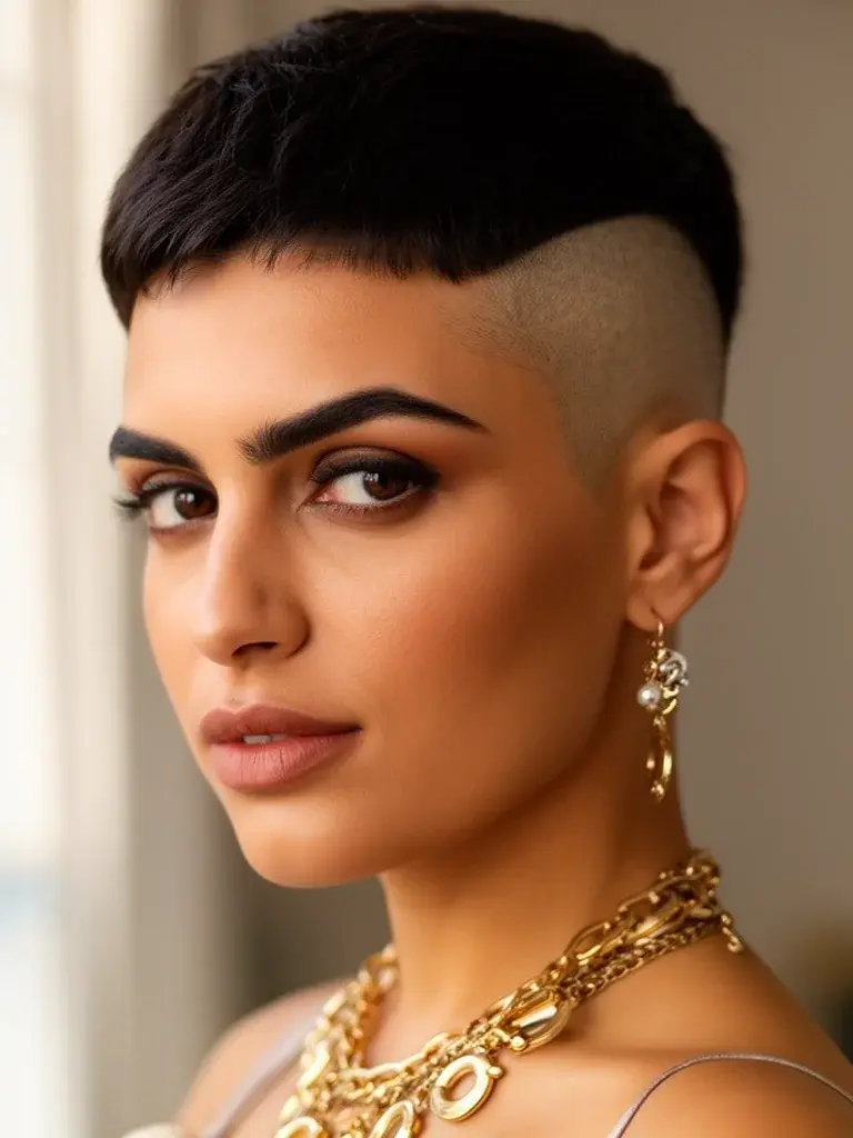Pixie side undercut showing the exposed shaved side on a Middle Eastern woman with dark hair and bold jewelry