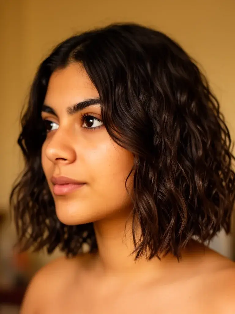 Shaggy bob three-quarter view on a Latina woman with dark brown wavy hair