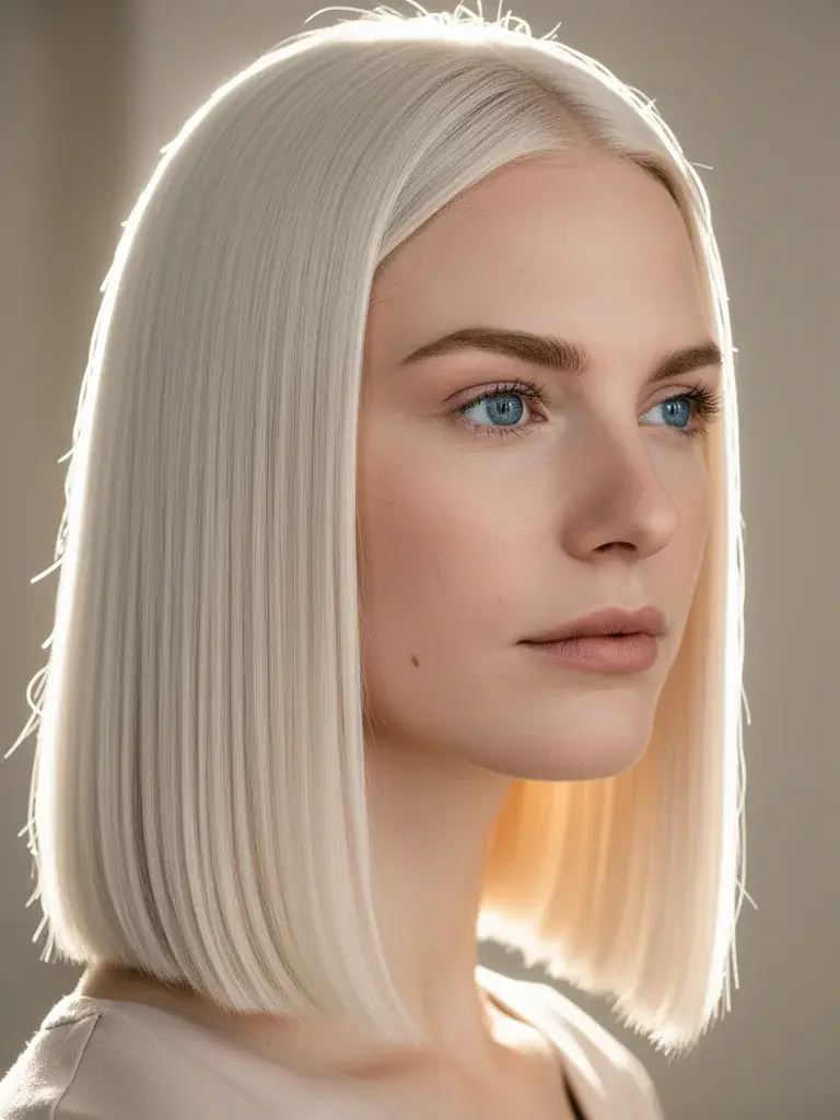 Sleek straight medium hair on a Swedish woman with platinum color, backlit