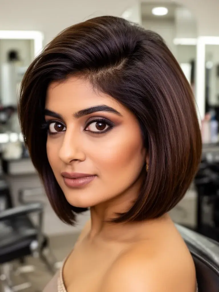 Indian woman with inverted bob, salon three-quarter view with polished finish