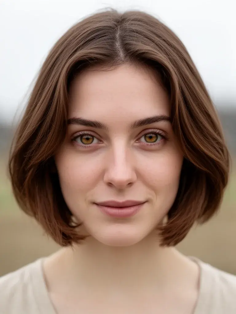 Asymmetrical bob subtle version on a French woman with chestnut hair and soft natural movement