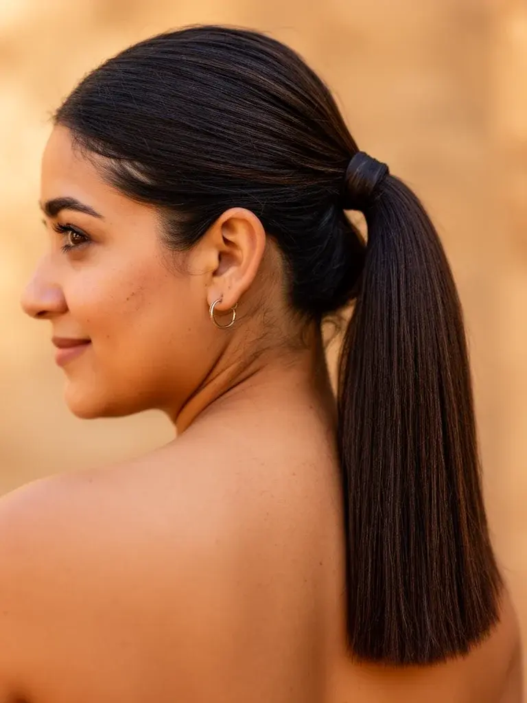 South Asian woman with waist-length U-cut, front view showing how the rounded shape frames the body