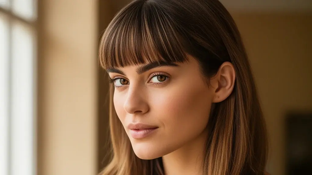 Six women modeling different bangs styles including curtain, wispy, blunt, bottleneck, and side-swept bangs