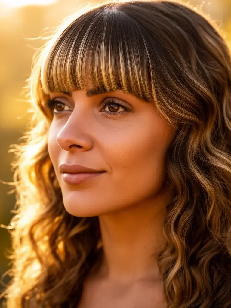 Bottleneck bangs on a Brazilian woman with wavy hair, backlit golden hour