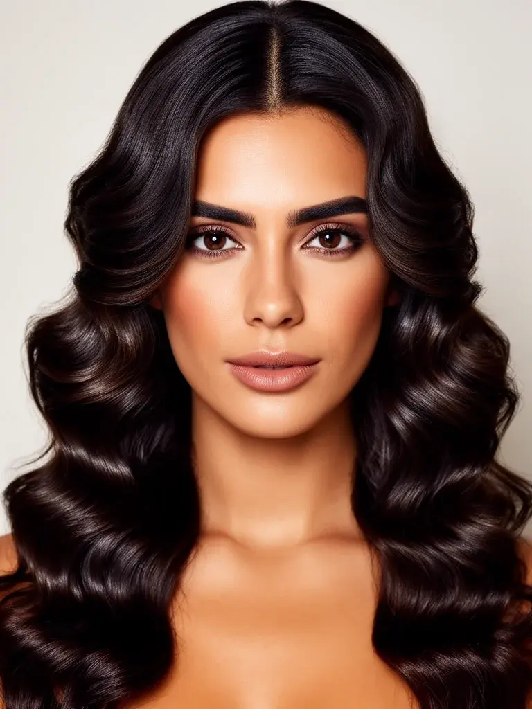 Hollywood waves front view on an Italian woman, deep side part with glossy S-waves