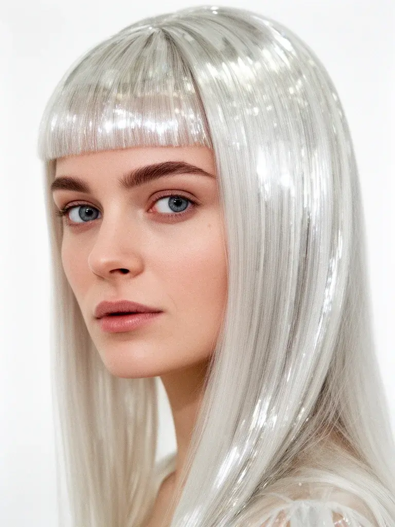 Scandinavian woman with platinum blunt long hair, editorial setting showing the glass finish effect