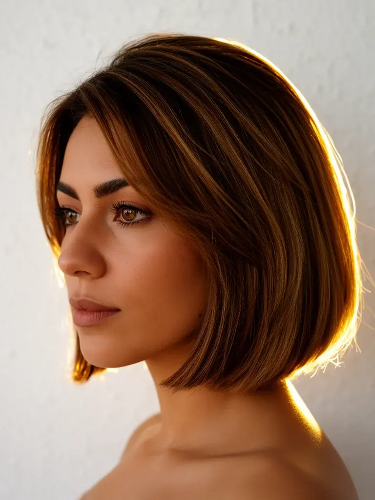 Brazilian woman with inverted bob, backlit showing crown volume and stacked graduation