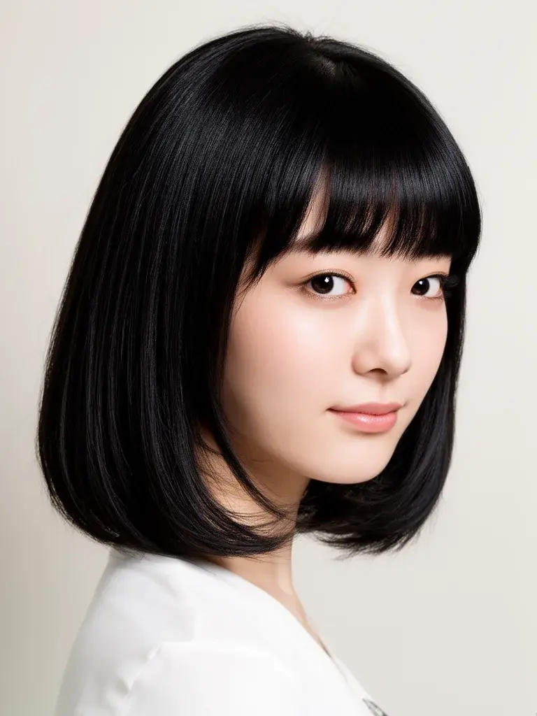 Japanese woman with butterfly cut and soft bangs, side view in studio light