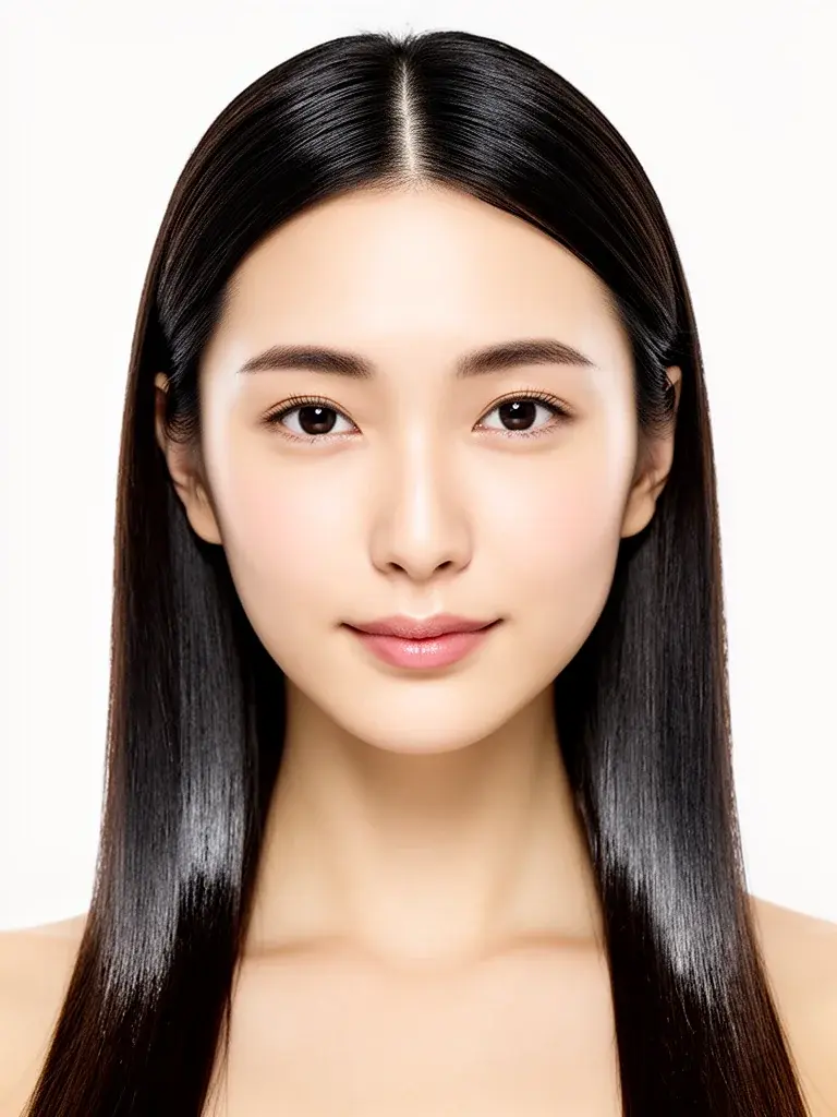 Sleek straight medium hair front view on a Japanese woman, mirror-finish shine