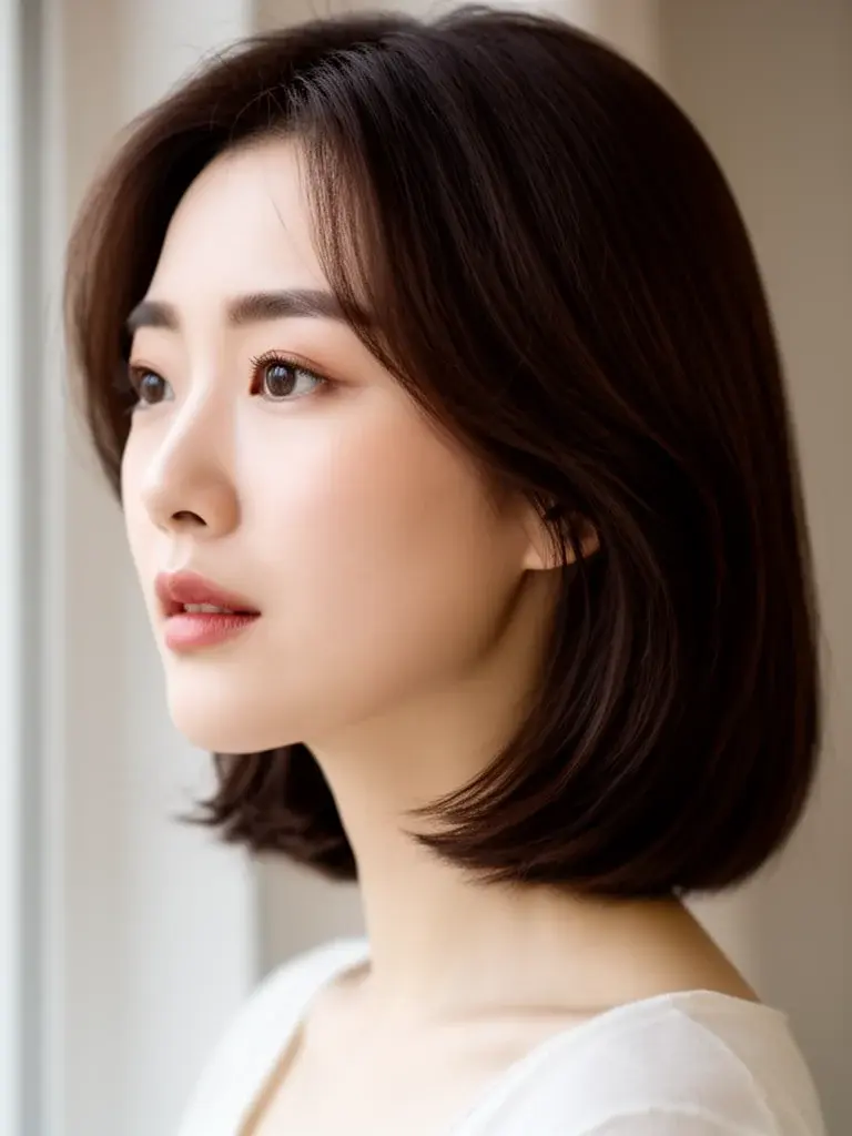 Korean woman with lob, side view showing subtle face framing and clean ends