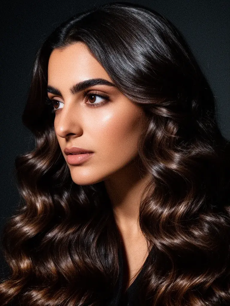 Latina woman with deep waves and a deep side part, showing how the wave pattern drapes across the face