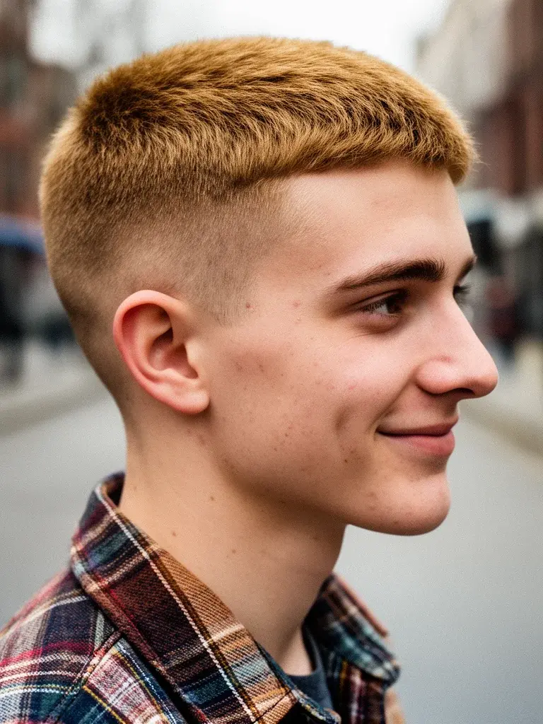 Modern buzz on Asian man with straight fine hair showing clean scalp detail