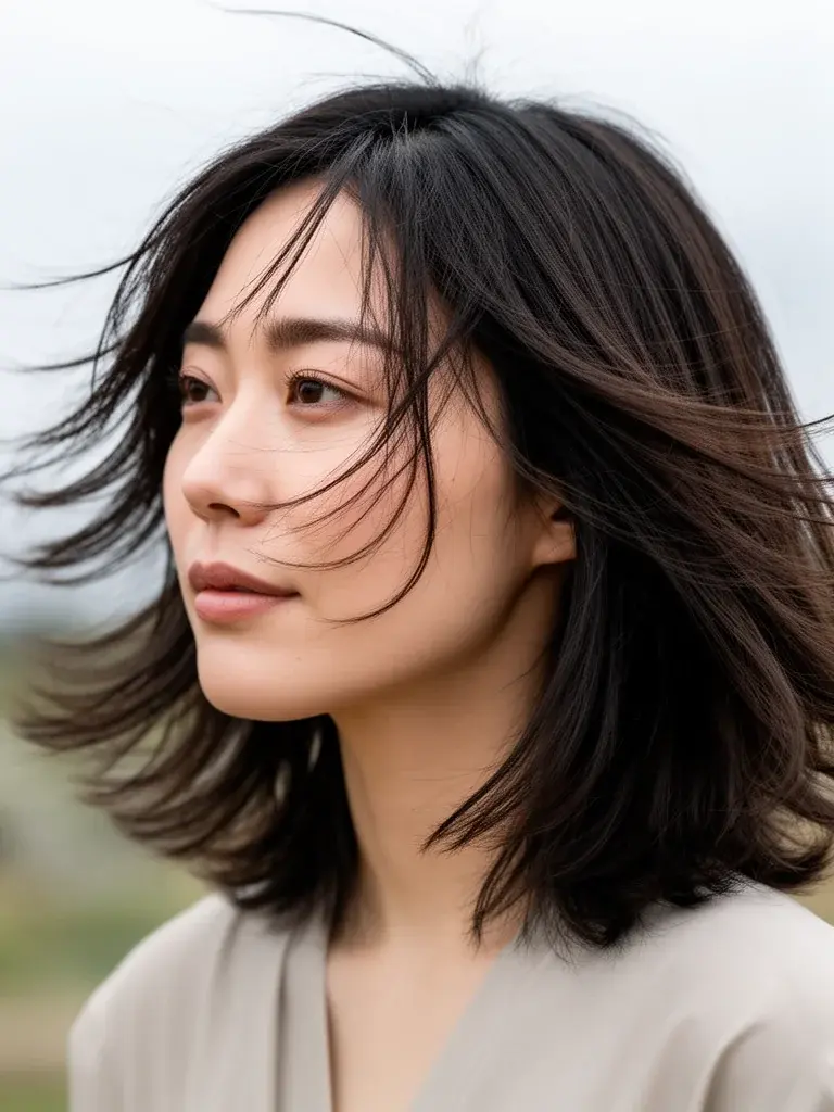 Japanese woman with shoulder-length layers, windswept outdoor photo