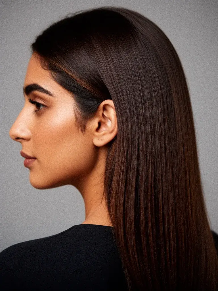 Latina woman with mid-back length hair catching wind, revealing the internal texture created by hidden layers