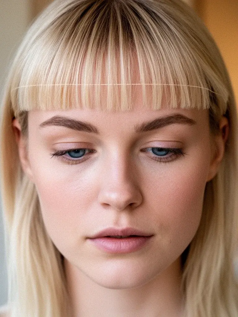 Blunt bangs on a Swedish woman with fine blonde hair, close-up