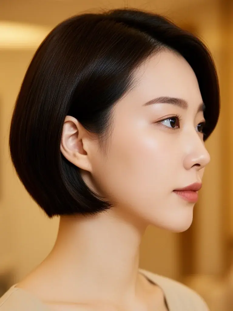 Asymmetrical bob side profile showing shorter side on a Korean woman with sleek dark hair