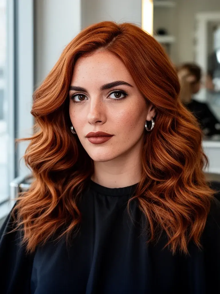 Beach waves salon view on a Spanish woman with auburn hair