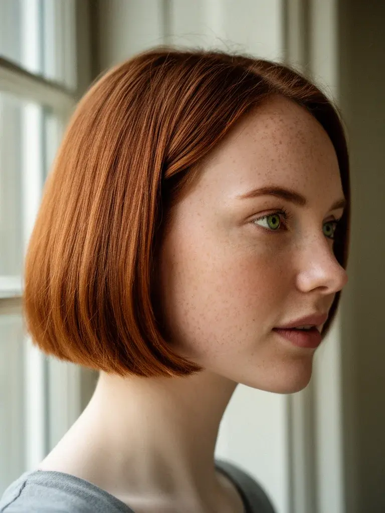 Scottish woman with a-line bob, side profile clearly showing the angled graduation