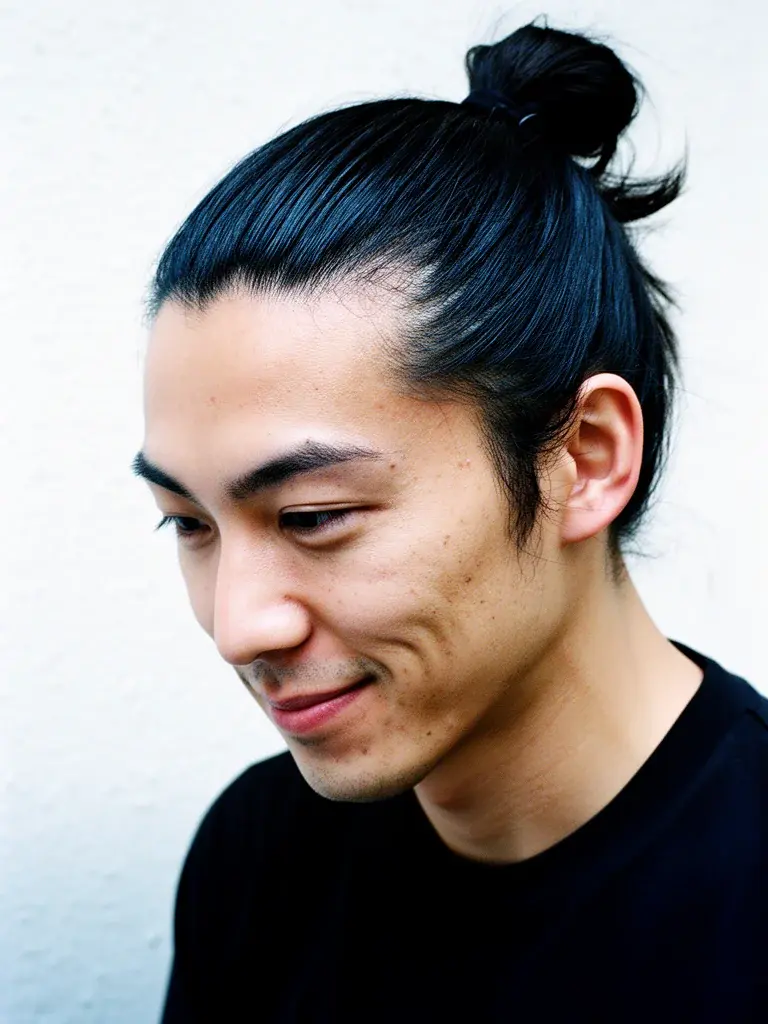 Man bun on square face emphasizing jawline and cheekbones