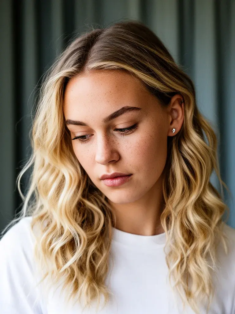 Beach waves front view on a blonde Swedish woman with soft window light indoors