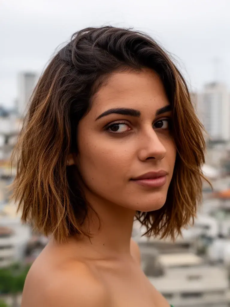 Shaggy bob grown-out version on a Brazilian woman with warm brown hair, showing how it ages
