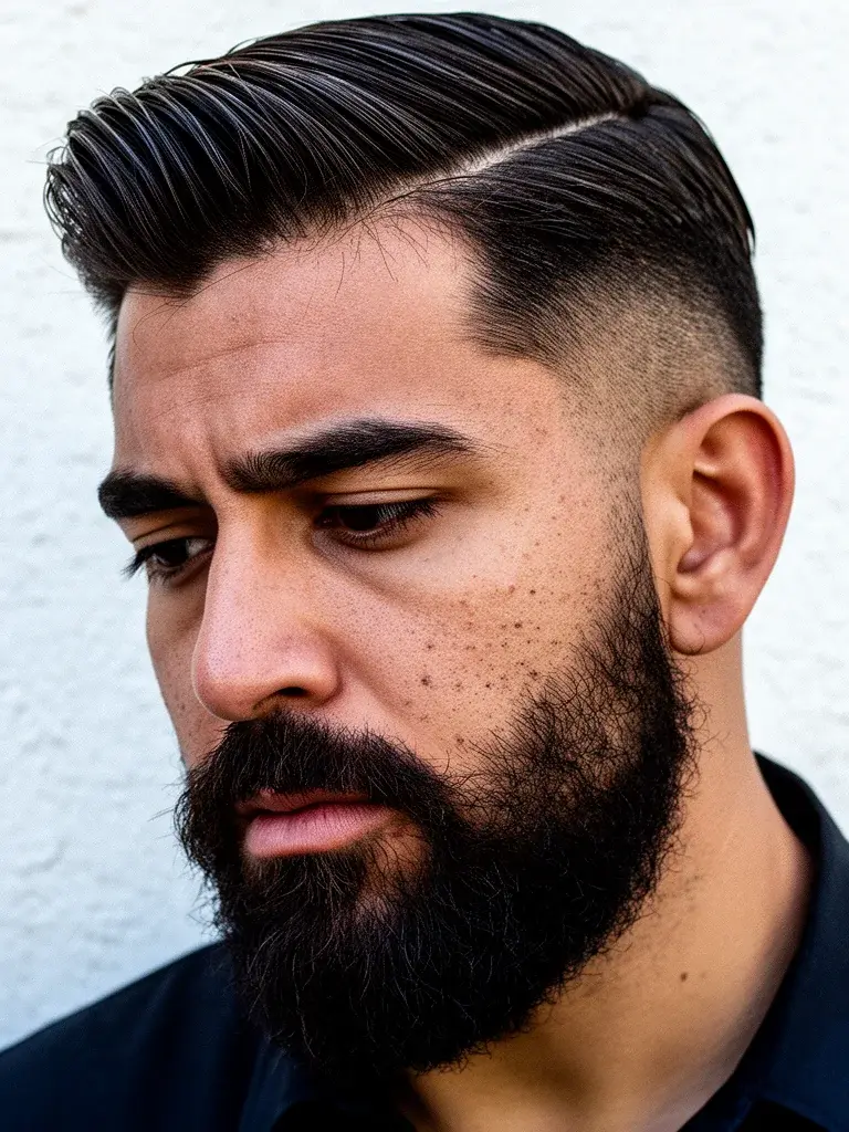 Side part styled with pomade for a polished high-shine finish