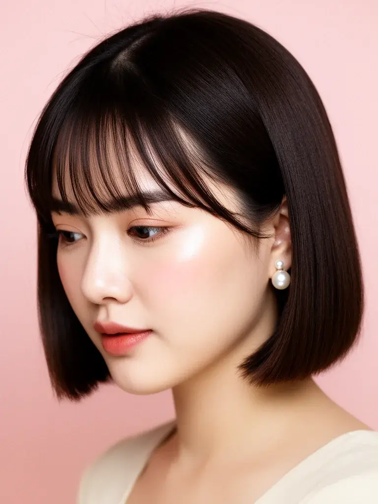See-through bangs on a Chinese woman with a bob haircut, fringe just touching eyebrows
