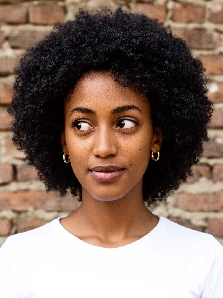 Natural afro front view on an Ethiopian woman outdoors, natural bare skin