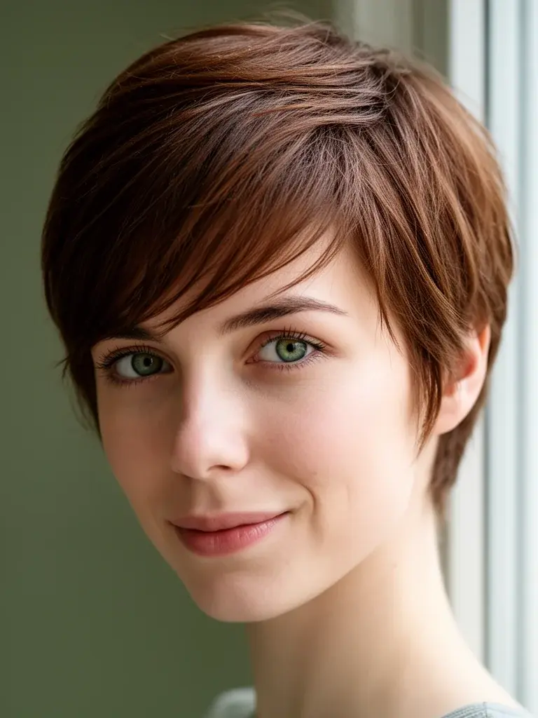 Layered pixie with face-framing piece on a French woman with chestnut brown hair